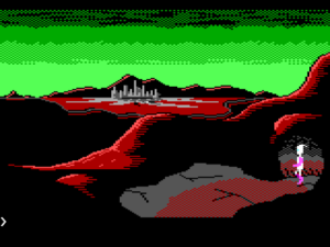 The player character steps out onto a mountain summit. The mountain is made of red rock, steeped in heavy shadows. The sky overhead is a bright green, fading to a darker green, and then to black, as it recedes upward. Far in the distance, beyond what appears to be a black void, lies another landmass where sits a large city with tall gray towering buildings.