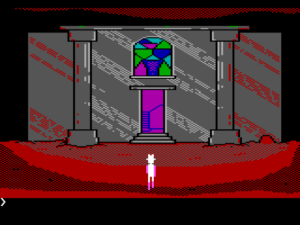 The player character approaches a large gray monolithic building. The front facade features tall columns and a colorful stained glass window. The building itself appears to have a sheen to it, reflecting gray and red light.